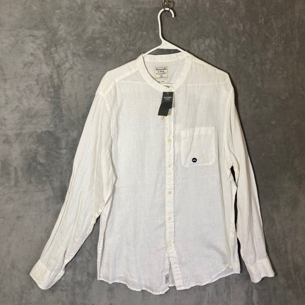 NWT Abercrombie & Fitch Men 2XL White Linen Long Sleeve Button Shirt Band Collar